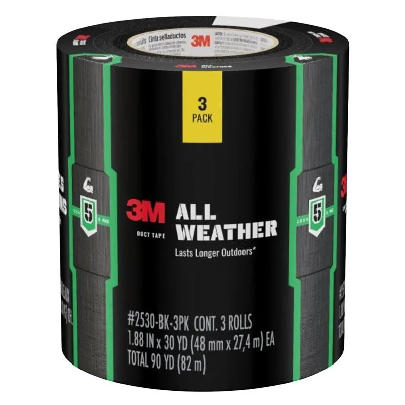 3M 2530-BK-3PK Duct Tape, 30 yd L, 1.88 in W, Polyethylene Backing, Black