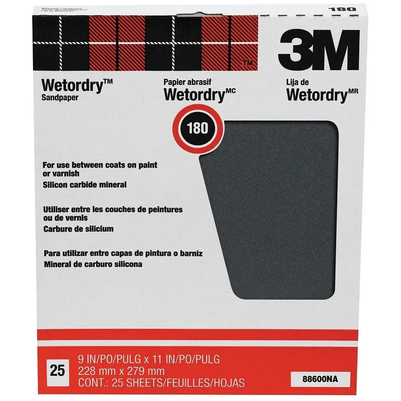 3M 88600 Sandpaper, 11 in L, 9 in W, 180 Grit, Fine, Silicone Carbide Abrasive