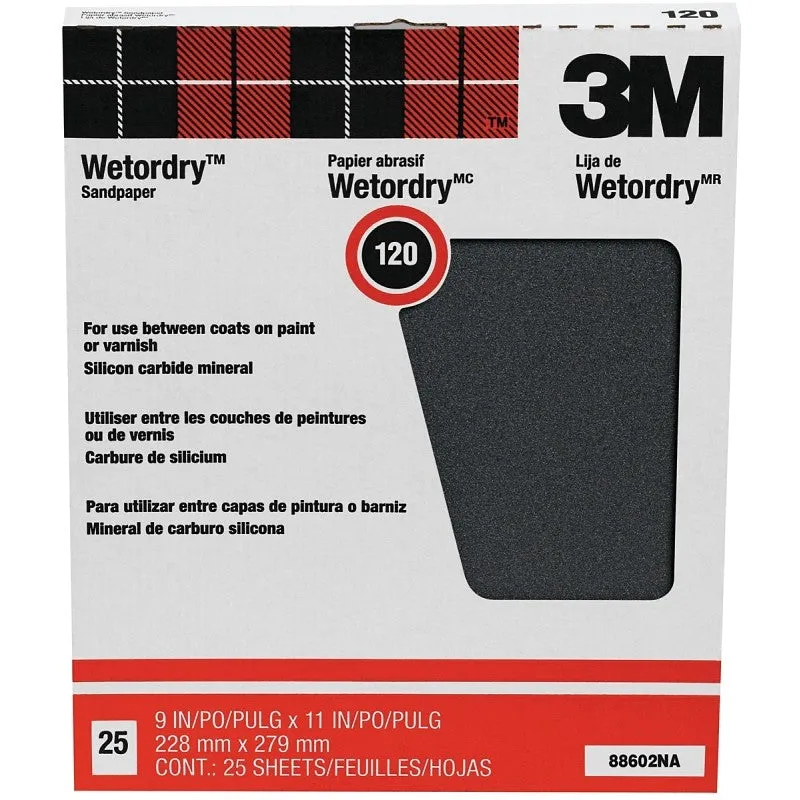 3M 88602 Sandpaper, 11 in L, 9 in W, 120 Grit, Fine, Silicone Carbide Abrasive