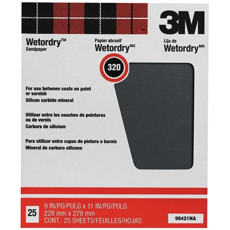 3M Wetordry 99421NA Sandpaper, 11 in L, 9 in W, Extra Fine, 320 Grit, Silicon Carbide Abrasive, Paper Backing
