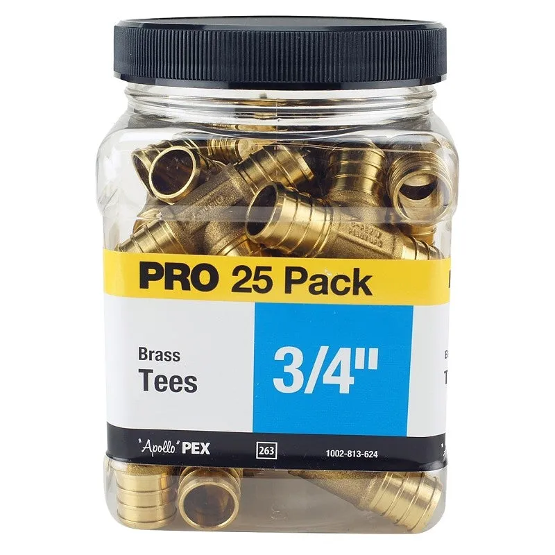 Apollo APXT3425JR Pipe Tee, 3/4 in, Barb, Brass, 200 psi Pressure, 25/PK