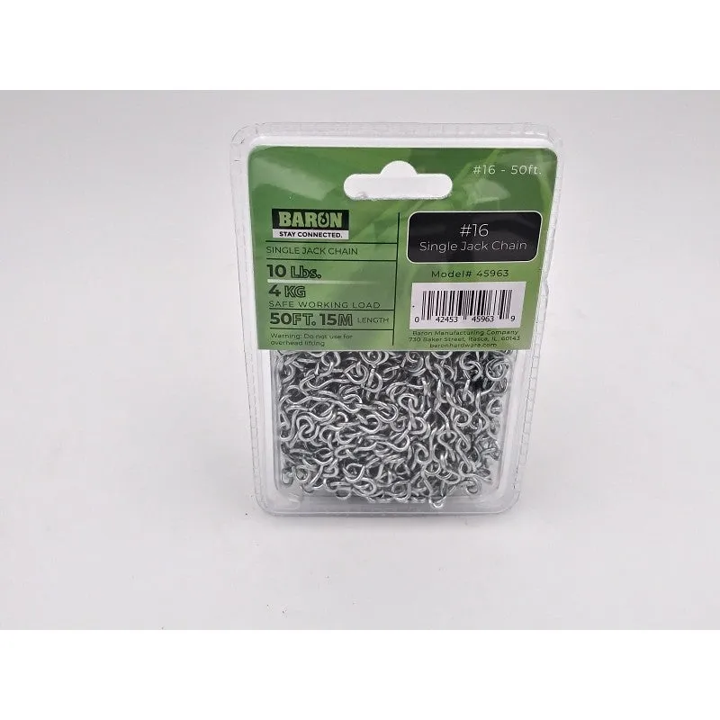 Baron 45963 Single Jack Chain, #16, 50 ft L, Steel, Galvanized/Zinc Plated, 10 lb Working Load