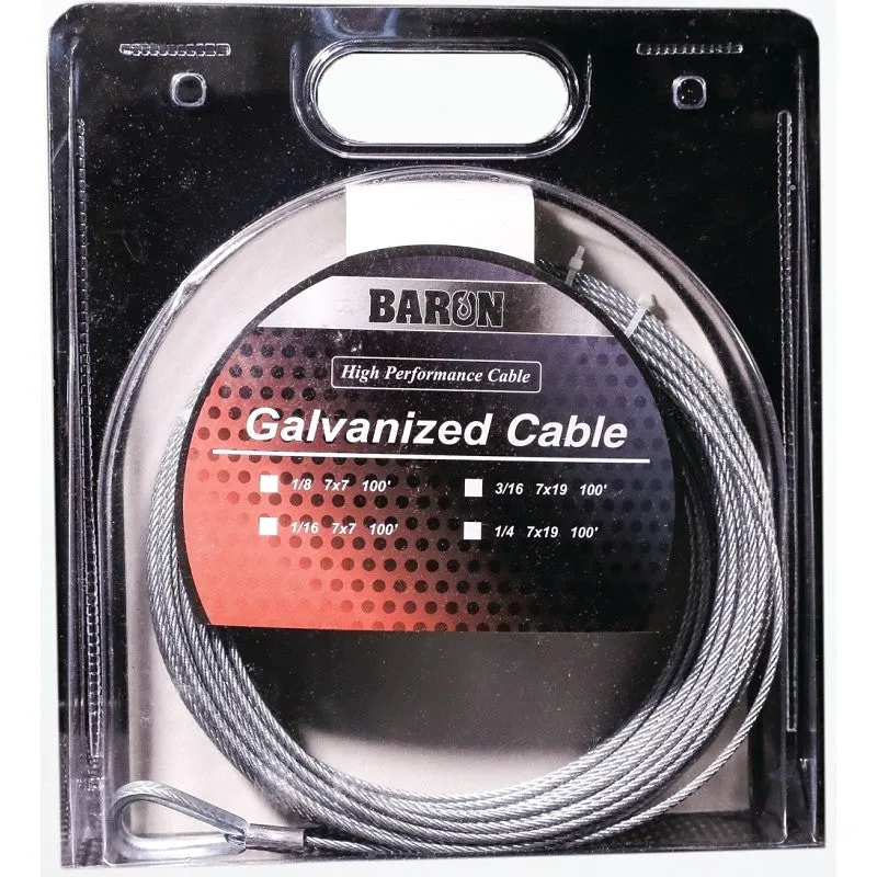 Baron 59005 Pre-Cut Cable, 1/4 in Dia, 100 in L, 1220 lb Working Load, Steel, Galvanized