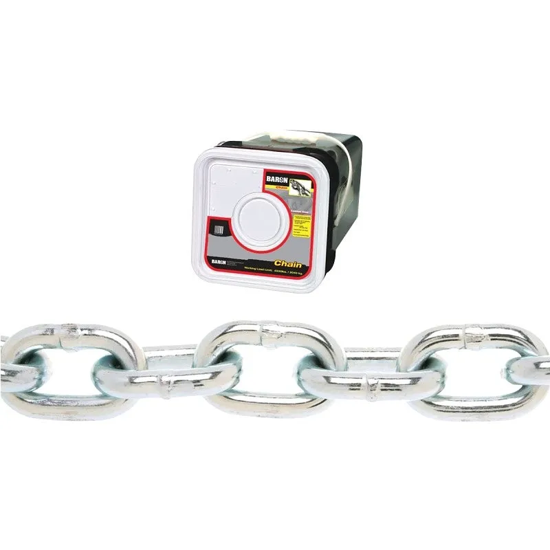 Baron PC30516SP Proof Coil Chain, 5/16 in, 75 ft L, 30 Grade, Steel, Zinc