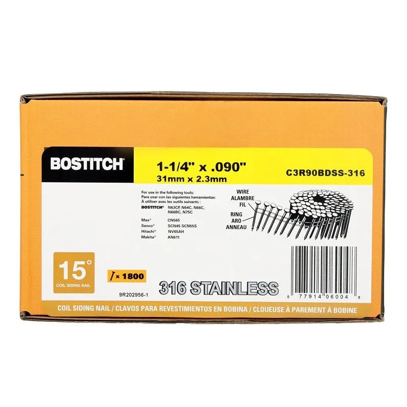 Bostitch C3R90BDSS-316 Siding Nail, 1-1/4 in L, Stainless Steel, Ring Shank