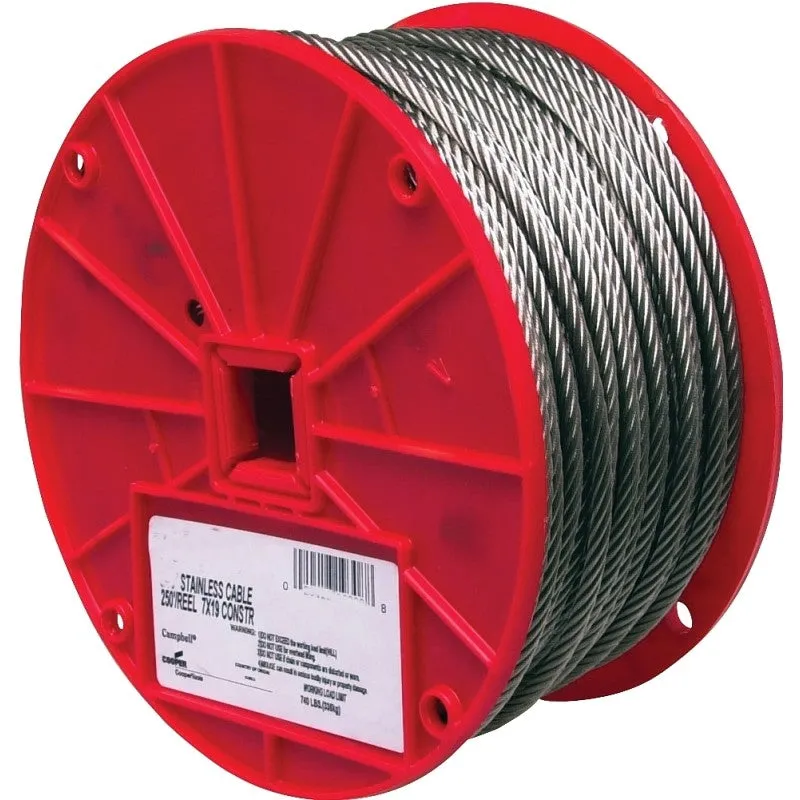 Campbell 7000426 High-Strength Cable, 1/8 in Dia, 250 ft L, 340 lb Working Load, Stainless Steel