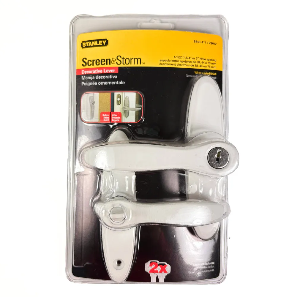 Decorative Key Operated Storm Door Lever 1-1/2, 2 Or 3 Inch Centers White