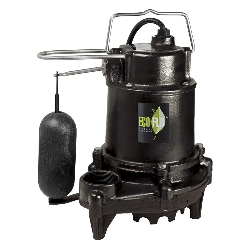 Eco-Flo EFSA33 Sump Pump, 6.5 A, 115 V, 1/3 hp, 1-1/2 in Outlet, 20 ft Max Head, 3160 gph, Cast Iron/Thermoplastic