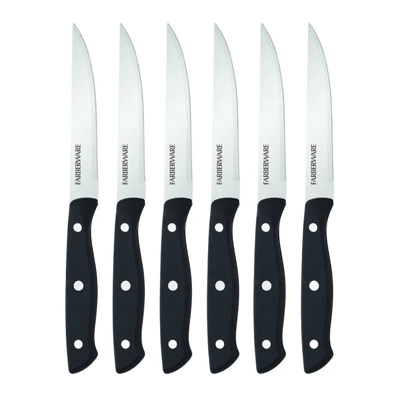 Farberware 5256192 Steak Knife Set, 4-1/2 in L Blade, Stainless Steel Blade, Black Handle, Plain Blade (Pack of 3)