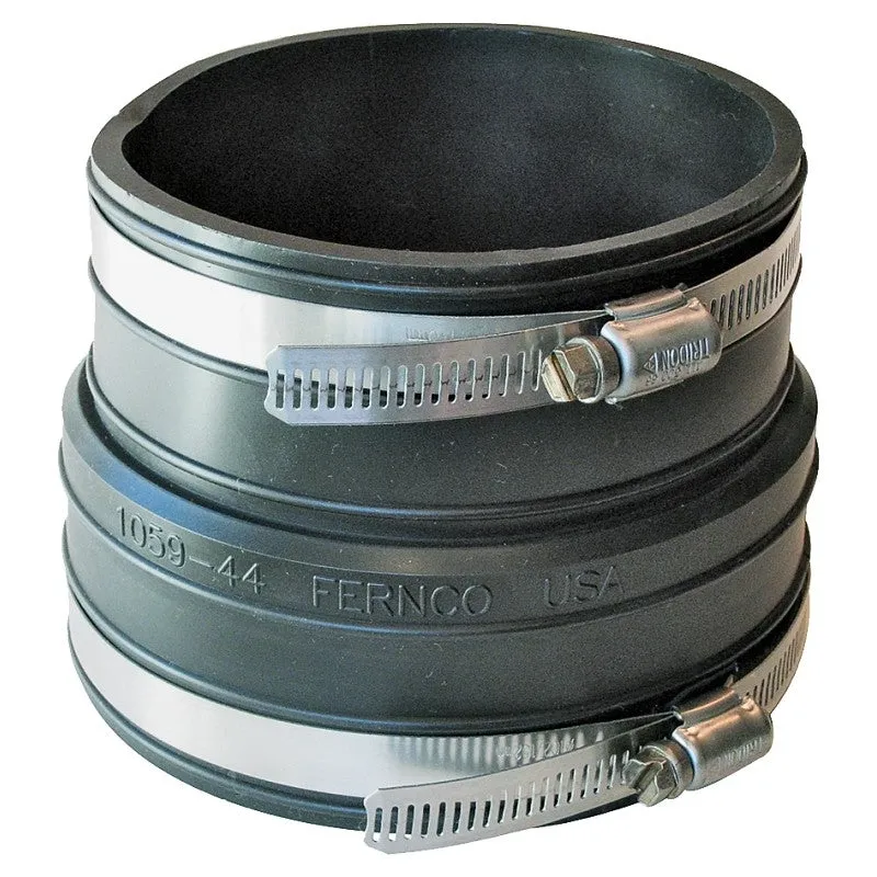 Fernco P1059-44 Flexible Coupling, 4 in, Socket, PVC, Black, SCH 40 Schedule, 4.3 psi Pressure