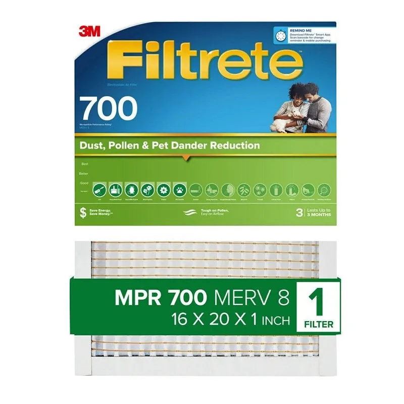 Filtrete 700-4 Pleated Air Filter, 20 in L, 16 in W, 8 MERV, 700 MPR, Fiberglass Frame (Pack of 4)