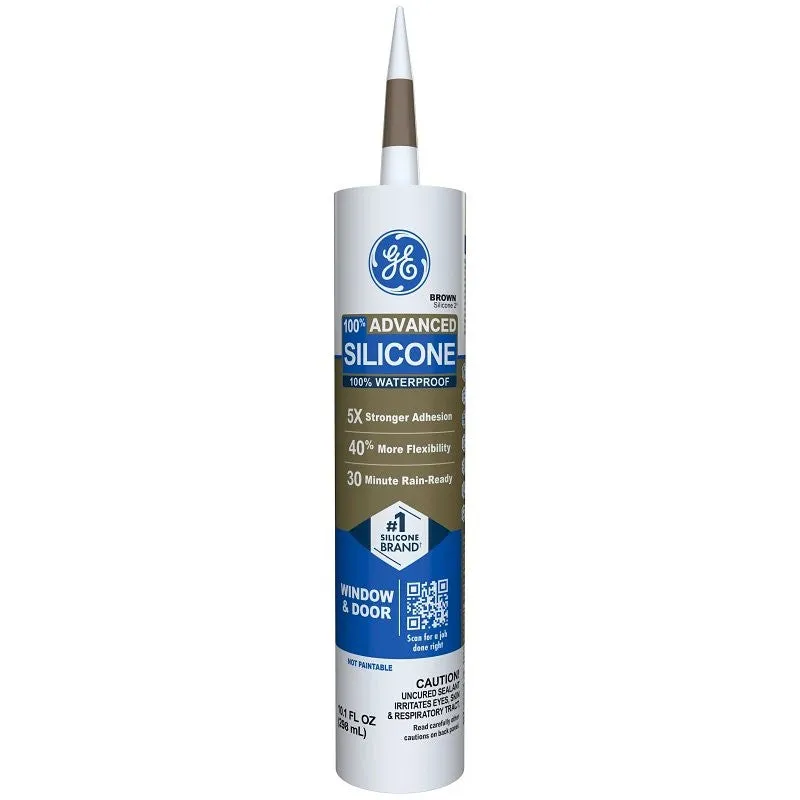 GE Advanced Silicone 2 2813701 Window & Door Sealant, Brown, 24 hr Curing, 10.1 fl-oz Cartridge (Pack of 12)