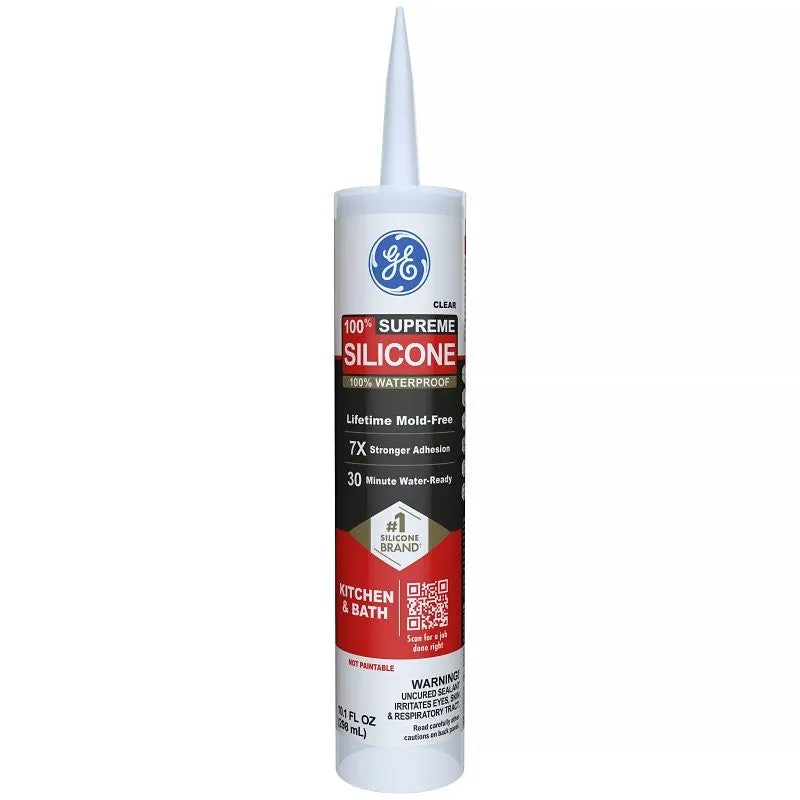 GE Supreme Silicone 2822051 Kitchen & Bath Sealant, Clear, 24 hr Curing, 10.1 fl-oz Cartridge (Pack of 12)