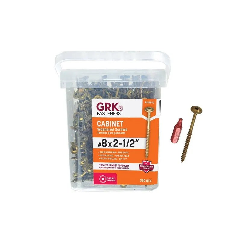 GRK Fasteners 110079 Cabinet Screw, #8 Thread, 2-1/2 in L, Washer Head, Star Drive, Steel, 330 PK