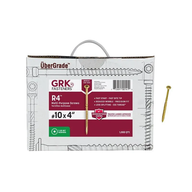 GRK Fasteners R4 00141 Framing and Decking Screw, #10 Thread, 4 in L, Round Head, Star Drive, Steel, 1000 BX