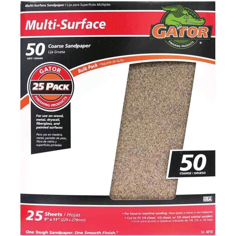 Gator 3267 Sanding Sheet, 11 in L, 9 in W, 50 Grit, Coarse, Aluminum Oxide Abrasive