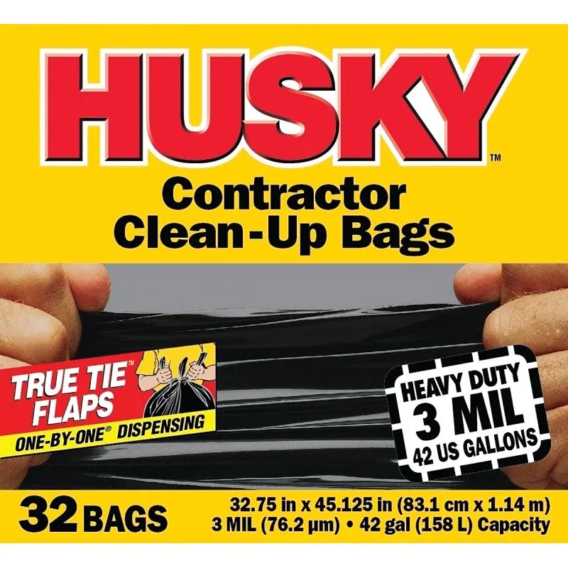 Husky HC42WC032B Clean-Up Trash Bag, 42 gal Capacity, Polyethylene Resin, Black