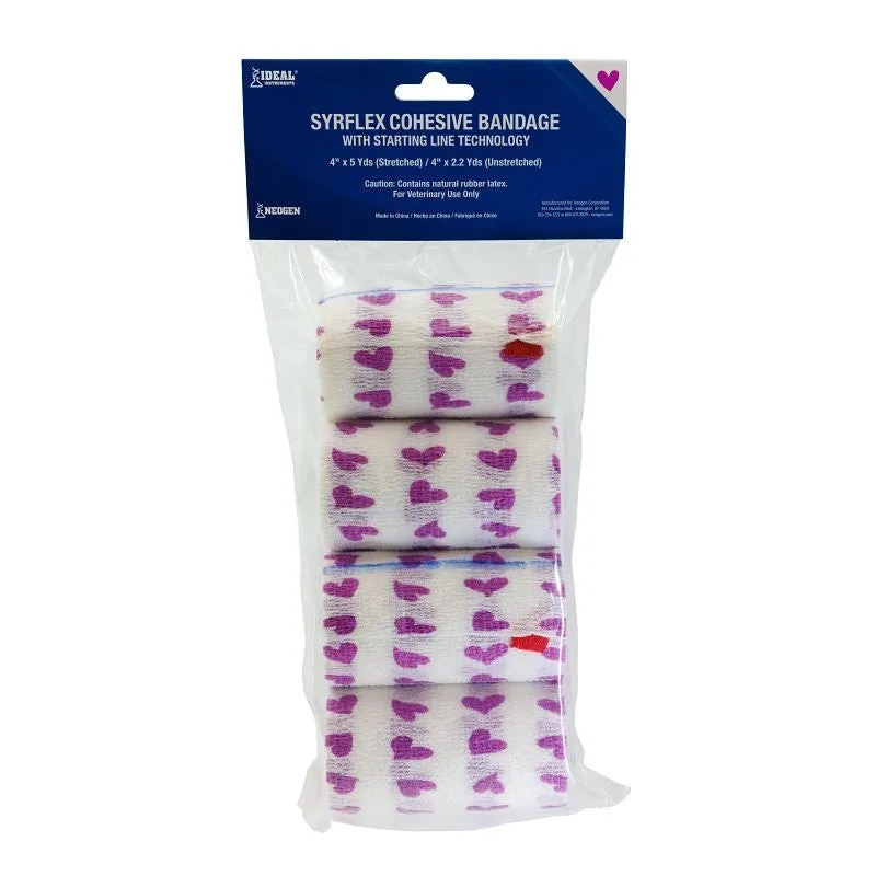 Ideal SyrFlex TA3400WHIP-4PK Hearts Cohesive Bandage, 5 yd L, 4 in W, Rubber Latex Bandage, Pink