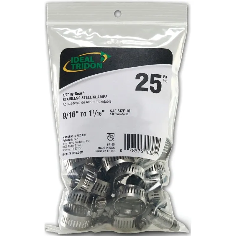 Ideal-Tridon Hy-Gear 67-6 Series 6710550 Worm Gear Hose Clamp, #10, 1/2 to 1-1/16 in, Stainless Steel