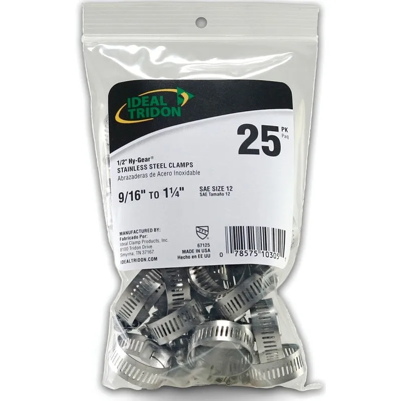 Ideal-Tridon Hy-Gear 67-6 Series 6712550 Worm Gear Hose Clamp, #12, 1/2 to 1-1/4 in, Stainless Steel