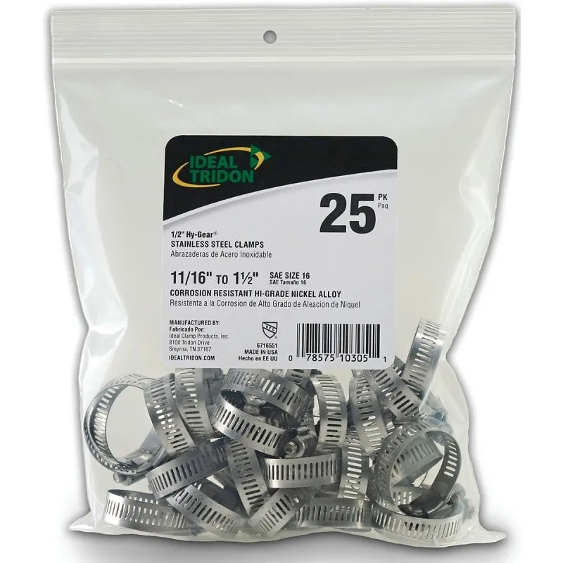 Ideal-Tridon Hy-Gear 67-6 Series 6716550 Worm Gear Hose Clamp, #16, 11/16 to 1-1/2 in, Stainless Steel