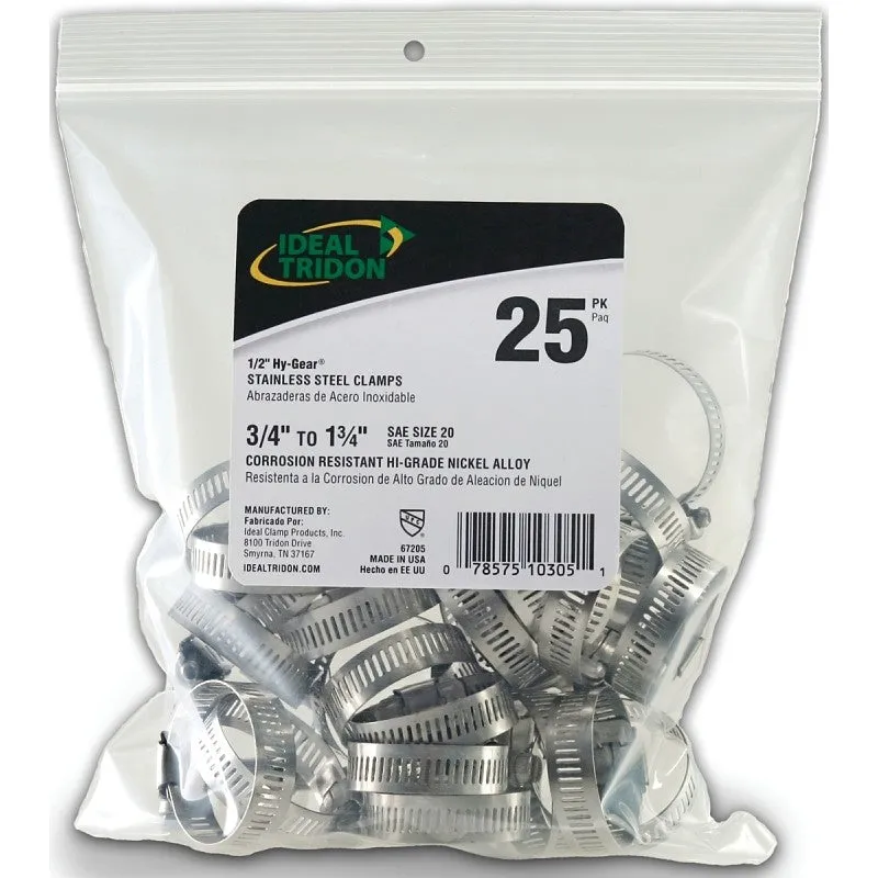 Ideal-Tridon Hy-Gear 67-6 Series 6720550 Worm Gear Hose Clamp, #20, 3/4 to 1-3/4 in, Stainless Steel