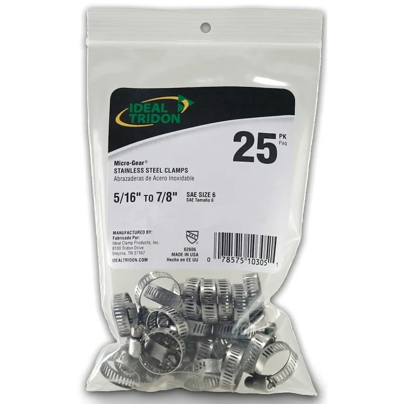 Ideal-Tridon Micro-Gear 62M Series 6260650 Worm Gear Hose Clamp, #6, 5/16 to 7/8 in, Stainless Steel, 5/16 in W