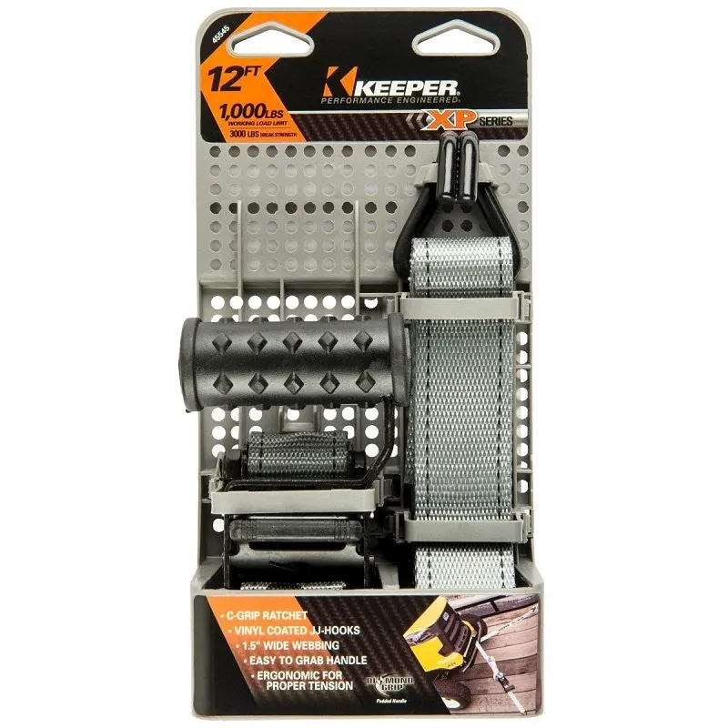 Keeper Diamond Series 45545 Tie-Down, 1-1/2 in W, 12 ft L, Gray, 1000 lb Working Load, J-Hook End