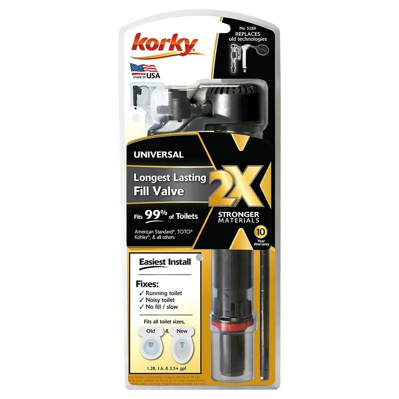 Korky 2X Series 528XBP Toilet Fill Valve, Plastic/Rubber Body, Anti-Siphon: No