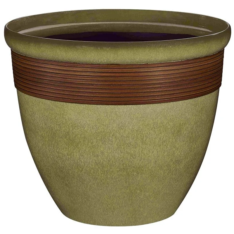 Landscapers Select PT-S015 Wave Planter, 15 in Dia, 12-1/2 in H, Round, Resin, Olive Green/Wood (Pack of 6)