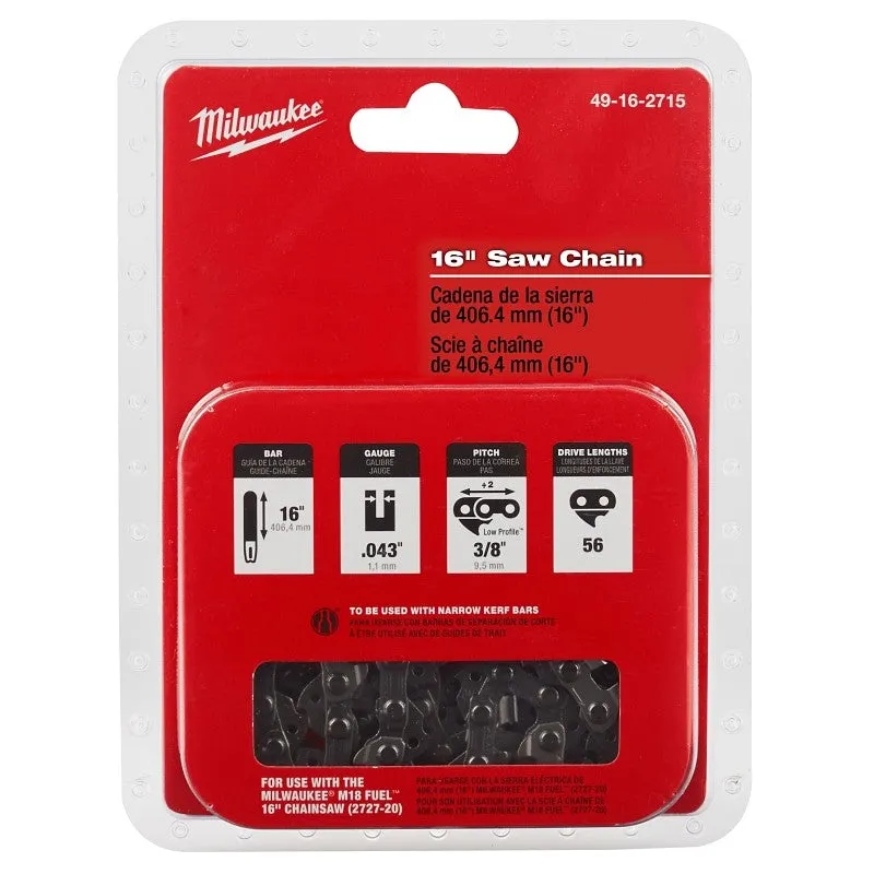Milwaukee 49-16-2715 Chainsaw Chain, 16 in L Bar, 0.043 in Gauge, 3/8 in TPI/Pitch, 56-Link