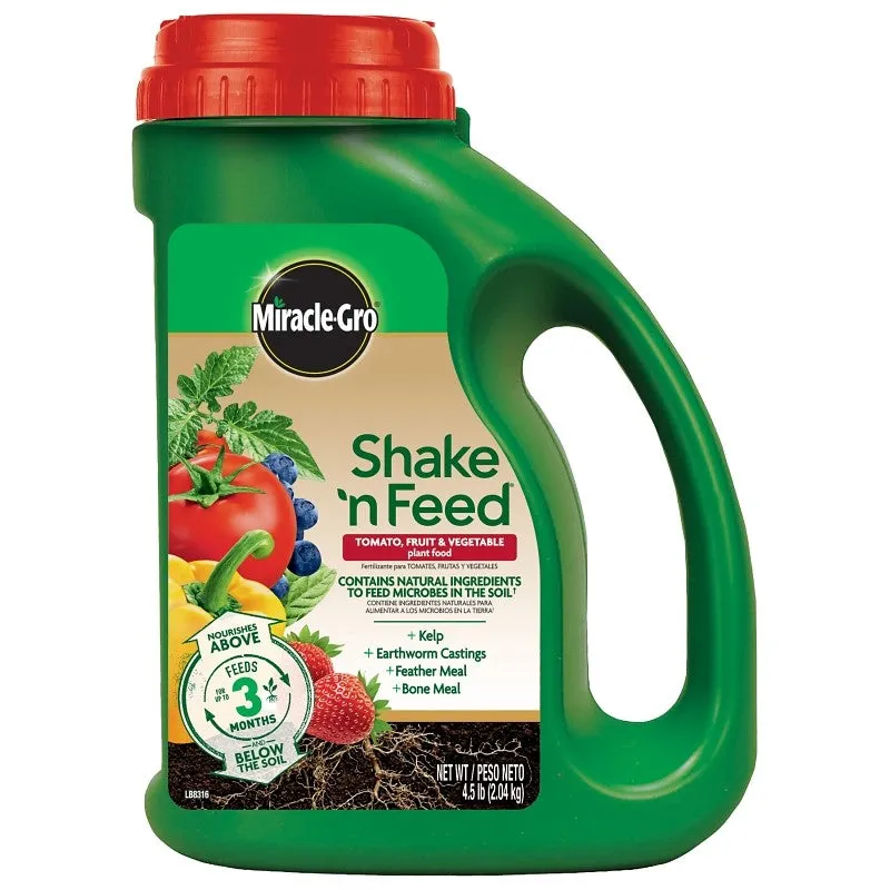 Miracle-Gro Shake ‘n Feed 3002601 Tomato/Fruit and Vegetable Plant Food, 4.5 lb Jug, Solid, 10-5-15 N-P-K Ratio
