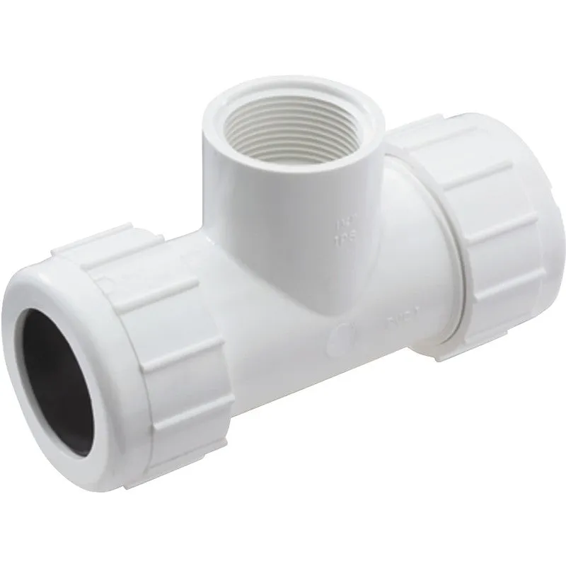 NDS CPT-1500-T Pipe Tee, 1-1/2 in, Compression x FNPT, PVC, White, SCH 40 Schedule, 150 psi Pressure