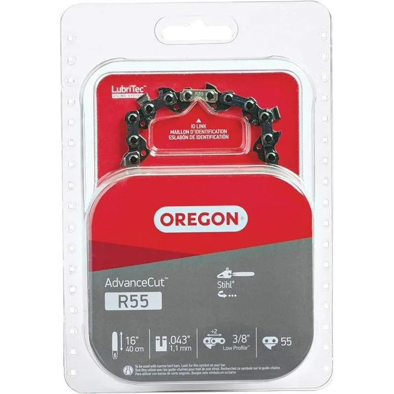 Oregon AdvanceCut R55 Chainsaw Chain, 16 in L Bar, 0.043 Gauge, 3/8 in TPI/Pitch, 55-Link