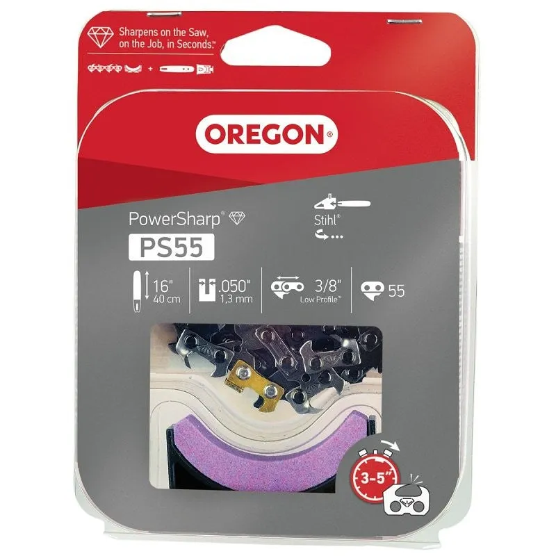 Oregon PS55 Replacement Chain with Sharpening Stone, 16 in L Bar, 0.05 Gauge, 3/8 in TPI/Pitch, 55-Link