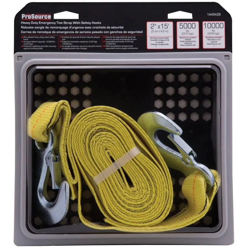 ProSource FH64061 Emergency Tow Strap, 10,000 lb, 2 in W, 15 ft L, Hook End, Polyester Webbing, Steel Hook, Yellow