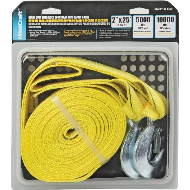 ProSource FH64062-1 Emergency Tow Strap, 10,000 lb, 2 in W, 25 ft L, Hook End, Polyester Webbing, Steel Hook