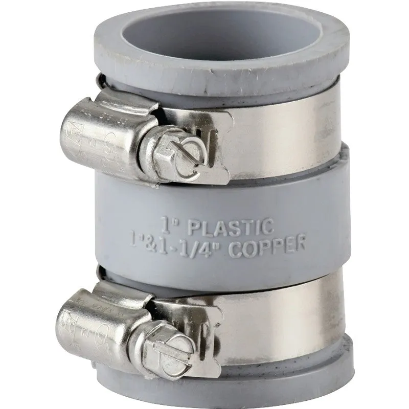 ProSource TC-150 Drain Connector, 1-1/4 x 1-1/2 in, Brass or Plastic Drain Pipes, PVC, Gray