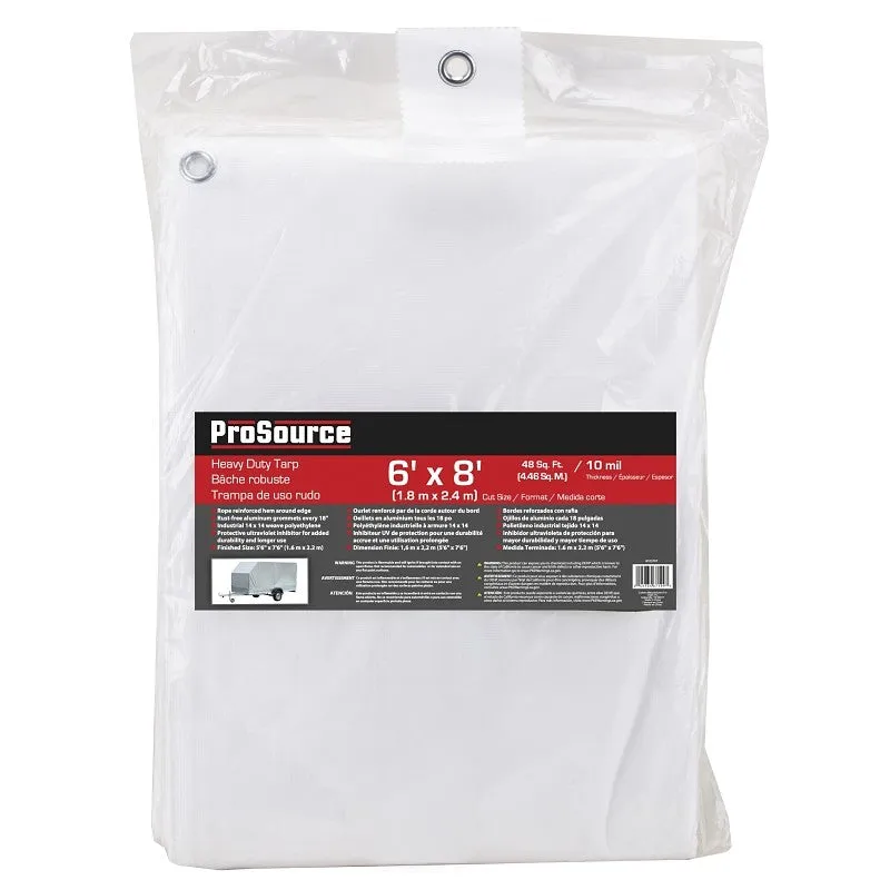 ProSource TW0608 Tarp, 8 ft L, 6 ft W, 10 mil Thick, Plastic, White