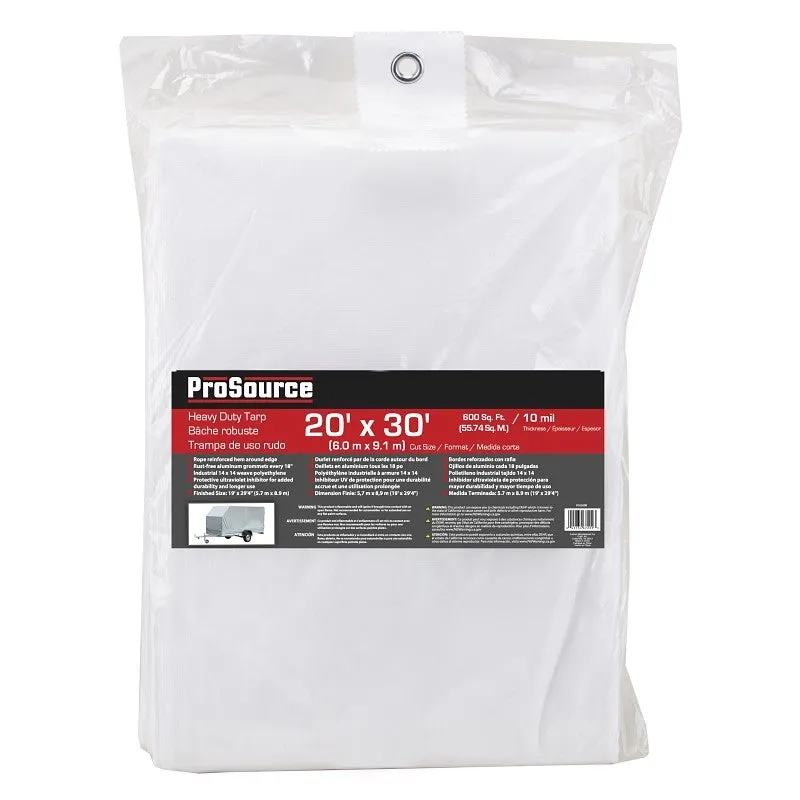 ProSource TW2030 Tarp, 30 ft L, 20 ft W, 10 mil Thick, Plastic, White