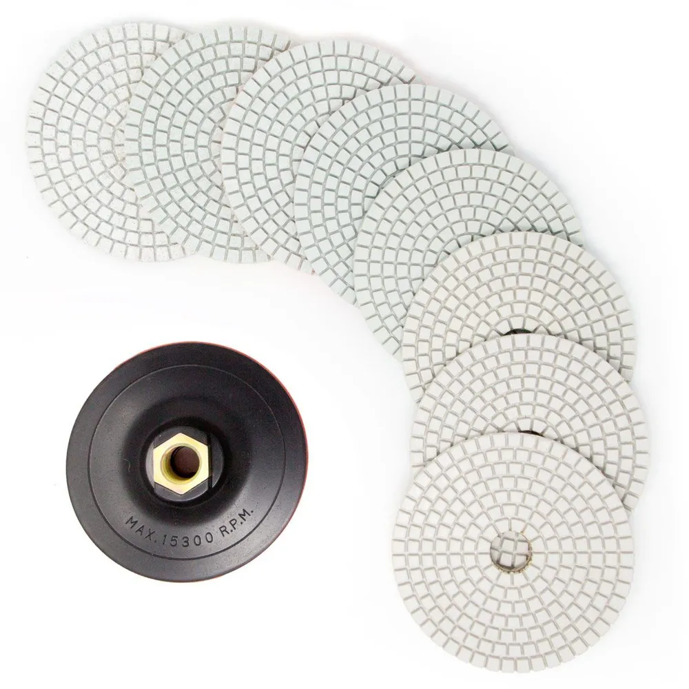 RockMaster 4″ White Diamond Resin Wet Polishing Kit – 8 Pads plus Holder