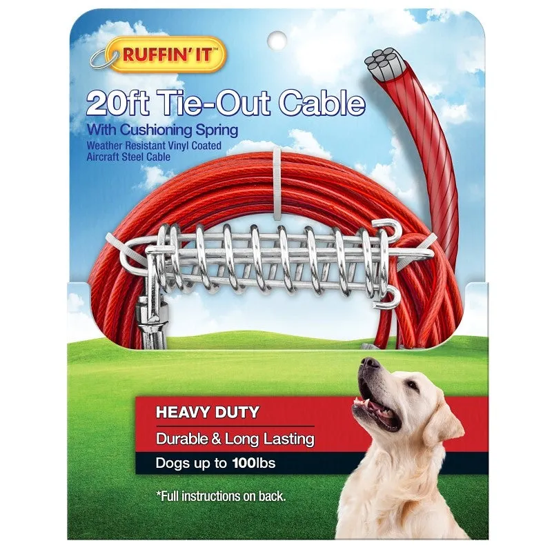 Ruffin’It 29220 Cable Tie-Out with Cushioning Spring, Heavy-Duty, Swivel Snap End, 20 ft, Steel, Red