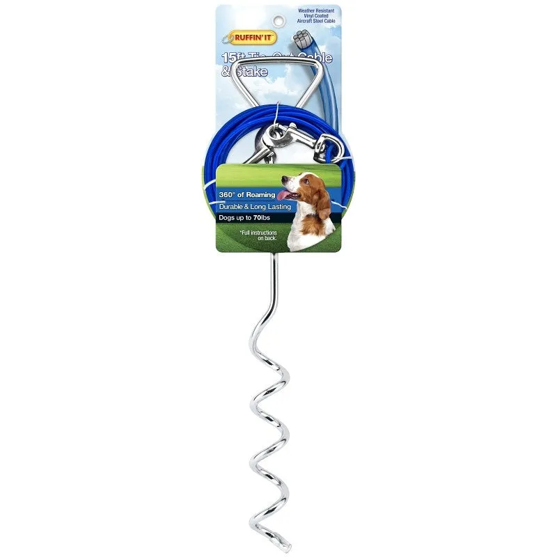 Ruffin’It 29515 Corkscrew Stake and Cable Tie-Out, Swivel Snap End, 15 ft, Steel, Blue, For: Dogs up to 70 lb