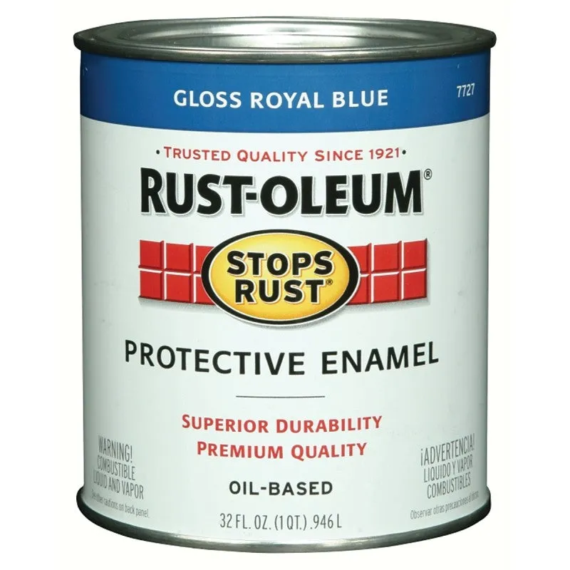 Rust-Oleum Stops Rust 7727502 Enamel Paint, Oil, Gloss, Royal Blue, 1 qt, Can, 50 to 90 sq-ft/qt Coverage Area
