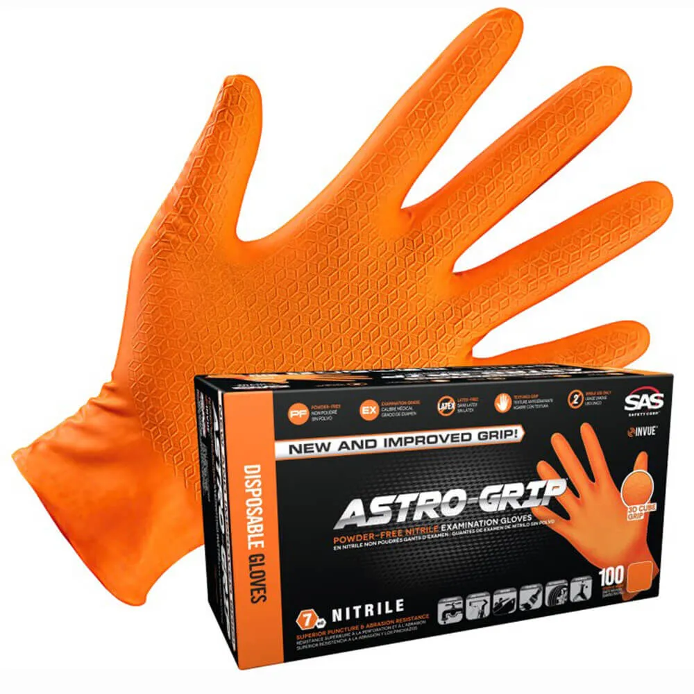 SAS Safety Astro-Grip Powder-Free Nitrile Exam Grade Disposable Gloves – 7 Mil – Box of 100