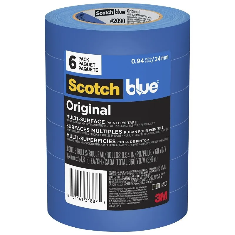 ScotchBlue 2090-24EVP Painter’s Tape, Original Multi-Surface, 60 yd L, 0.94 in W, Crepe Paper Backing, Blue, 6/PK