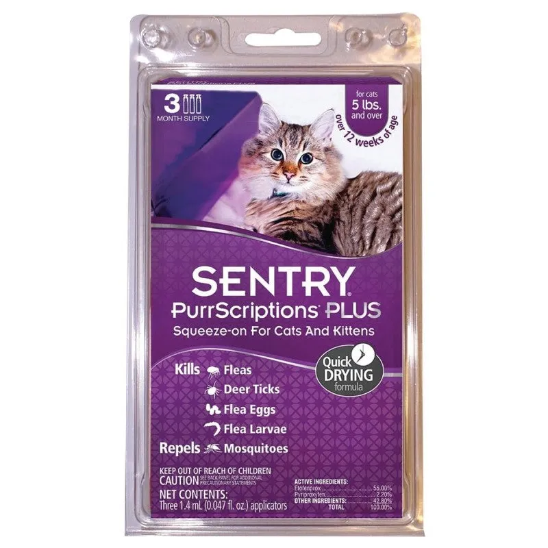 Sentry PurrScriptions Plus 01981 Flea and Tick Squeeze-On, Clear/Light Yellow, Liquid, Mild Acetate, 3 Count
