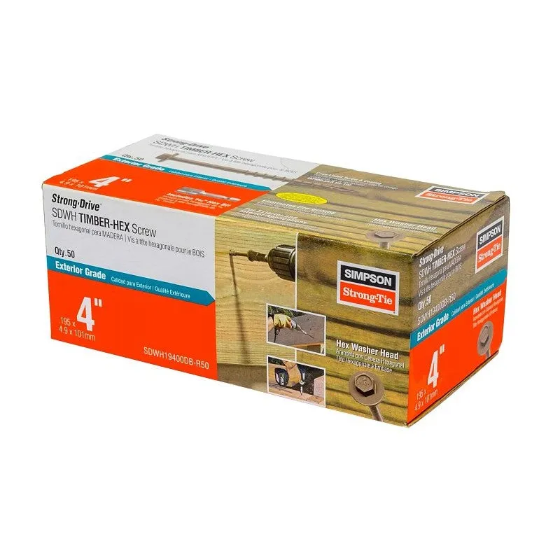 Simpson Strong-Tie Strong-Drive SDWH SDWH19400DB-R50 Timber Screw, 4 in L, Coarse Thread, Large Hex Washer Head, Tan