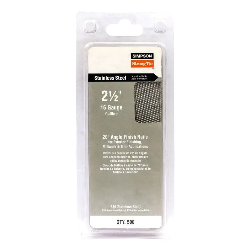 Simpson Strong-Tie T16N250PFB Finishing Nail, 8d, 2-1/2 in L, 16 ga Gauge, Stainless Steel, T-Style Head