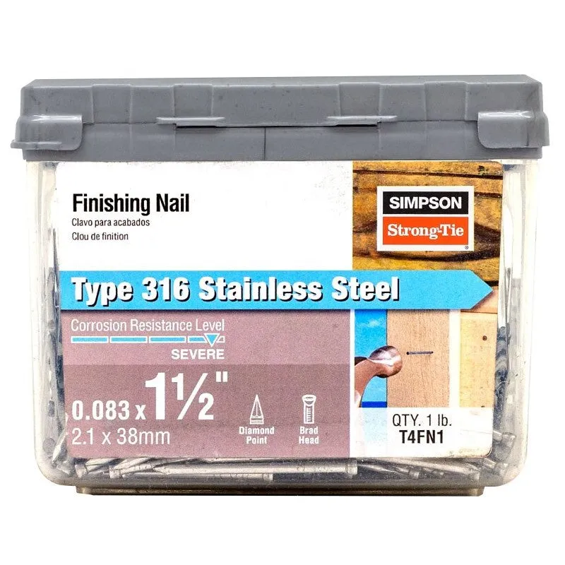 Simpson Strong-Tie T4FN1 Finishing Nail, 4D, 1-1/2 in L, 14 ga Gauge, Stainless Steel, Brad Head, Smooth Shank